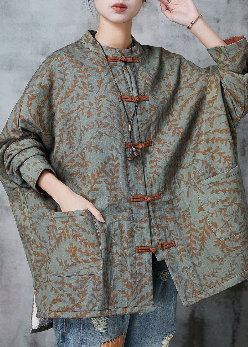 Boho Green Oversized Print Cotton Oriental Coat Spring - Vinterfrakker for kvinner