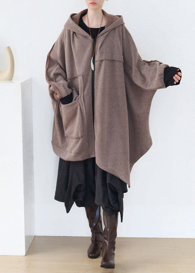 Boho Khaki Asymmetrisk Patchwork Glidelås Tykk Cotton Hoded Coats Fall