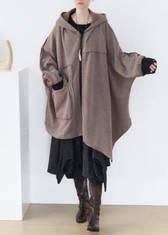 Boho Khaki Asymmetrisk Patchwork Glidelås Tykk Cotton Hoded Coats Fall