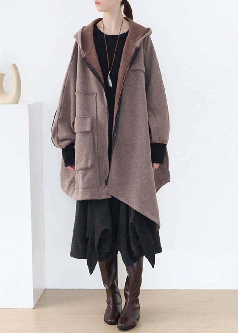 Boho Khaki Asymmetrisk Patchwork Glidelås Tykk Cotton Hoded Coats Fall - Vinterfrakker for kvinner