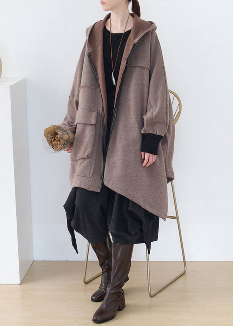 Boho Khaki Asymmetrisk Patchwork Glidelås Tykk Cotton Hoded Coats Fall - Vinterfrakker for kvinner