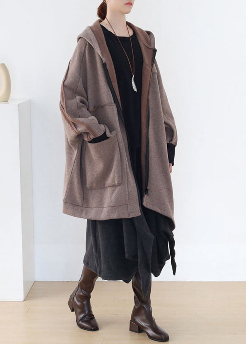 Boho Khaki Asymmetrisk Patchwork Glidelås Tykk Cotton Hoded Coats Fall - Vinterfrakker for kvinner