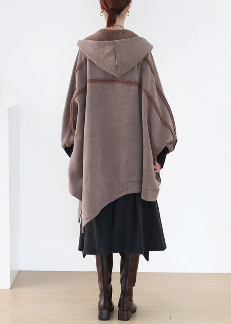 Boho Khaki Asymmetrisk Patchwork Glidelås Tykk Cotton Hoded Coats Fall - Vinterfrakker for kvinner