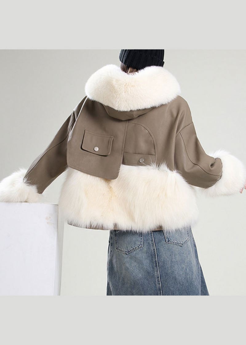 Boho Khaki Hette Patchwork Faux Leather Coat Vinter - Vinterfrakker for kvinner