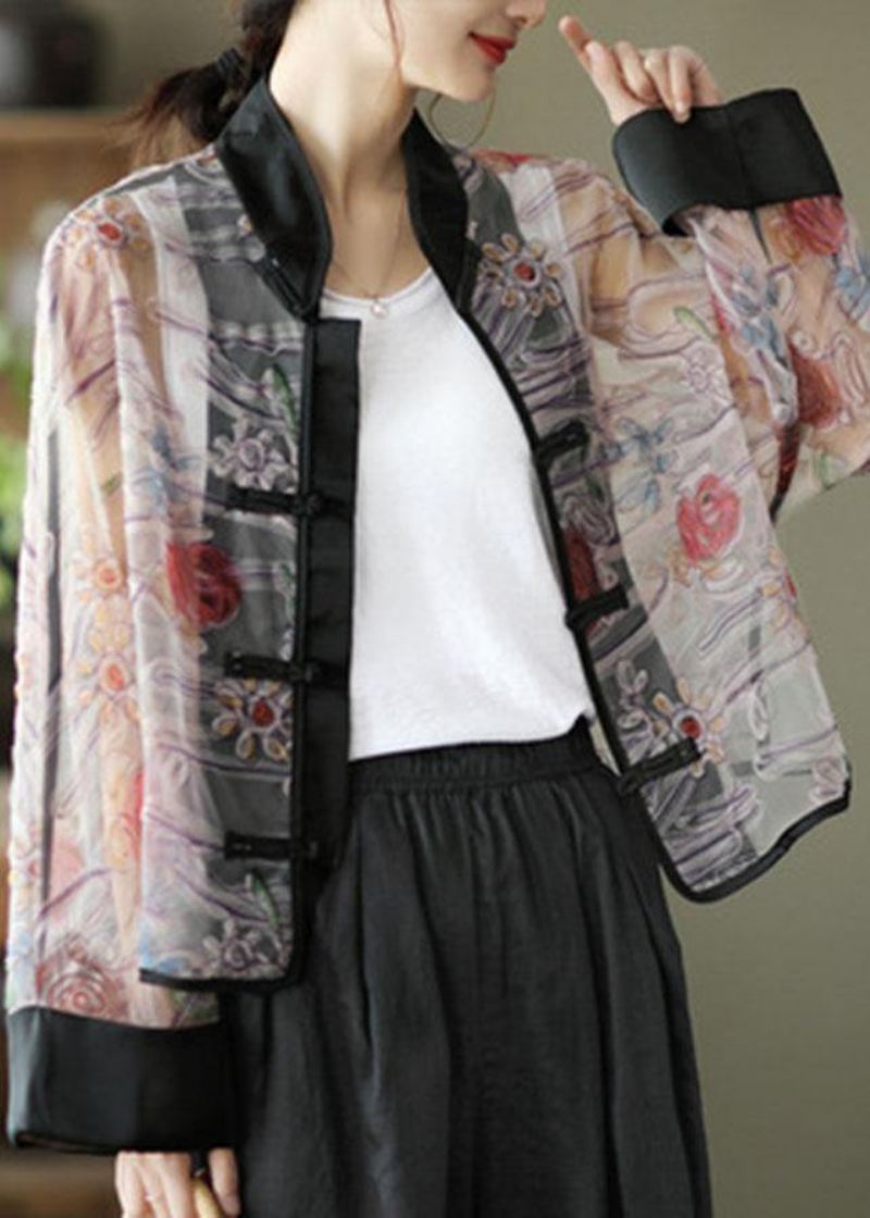 Boho Light Purple Print Tyll Organza Patchwork Oriental Coat Summer