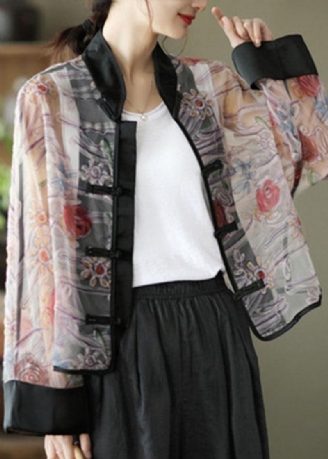 Boho Light Purple Print Tyll Organza Patchwork Oriental Coat Summer