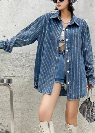 Boho Mørkeblå Peter Pan Krage Patchwork Solid Denim Coats Høst