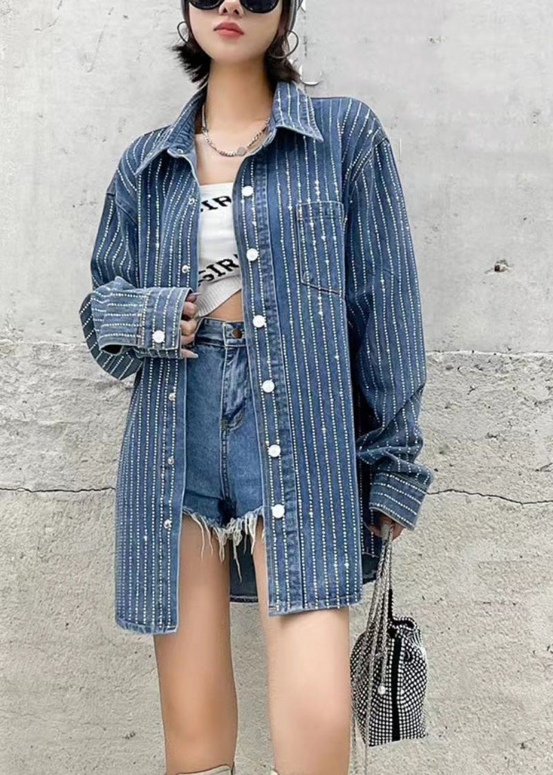 Boho Mørkeblå Peter Pan Krage Patchwork Solid Denim Coats Høst - Vinterfrakker for kvinner