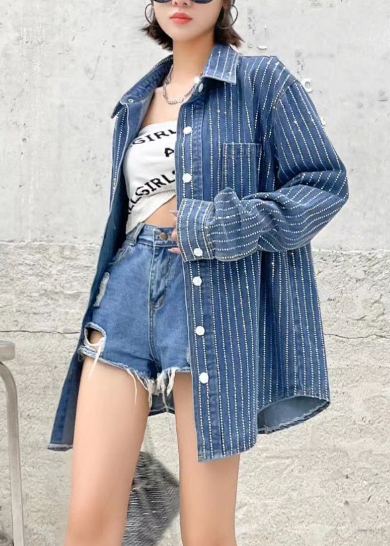 Boho Mørkeblå Peter Pan Krage Patchwork Solid Denim Coats Høst - Vinterfrakker for kvinner