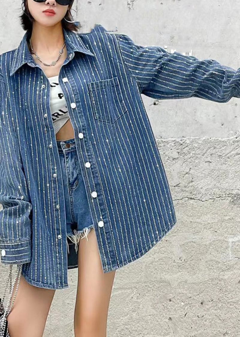 Boho Mørkeblå Peter Pan Krage Patchwork Solid Denim Coats Høst - Vinterfrakker for kvinner