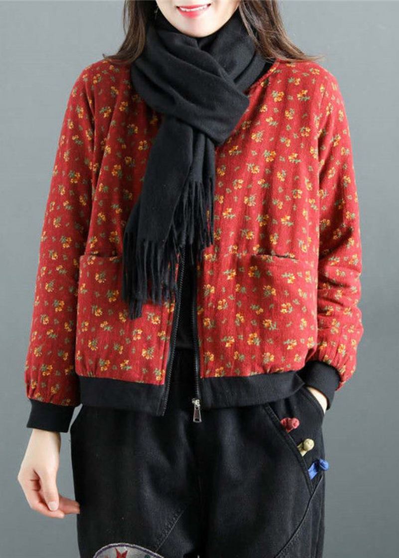 Boho Red Print Zip Up Lommer Patchwork Fine Bomullsfylte Witner-frakker - Vinterfrakker for kvinner