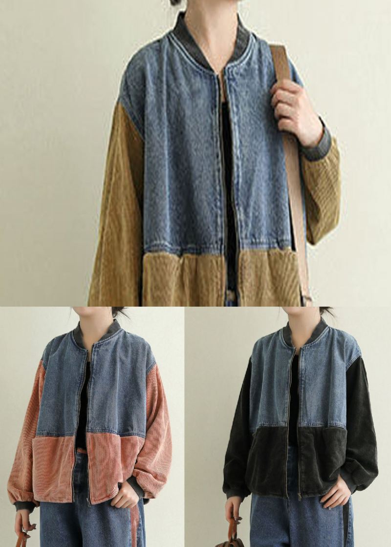 Boho Svarte Lommer Corduroy Patchwork Denimjakker Spring - Vinterfrakker for kvinner