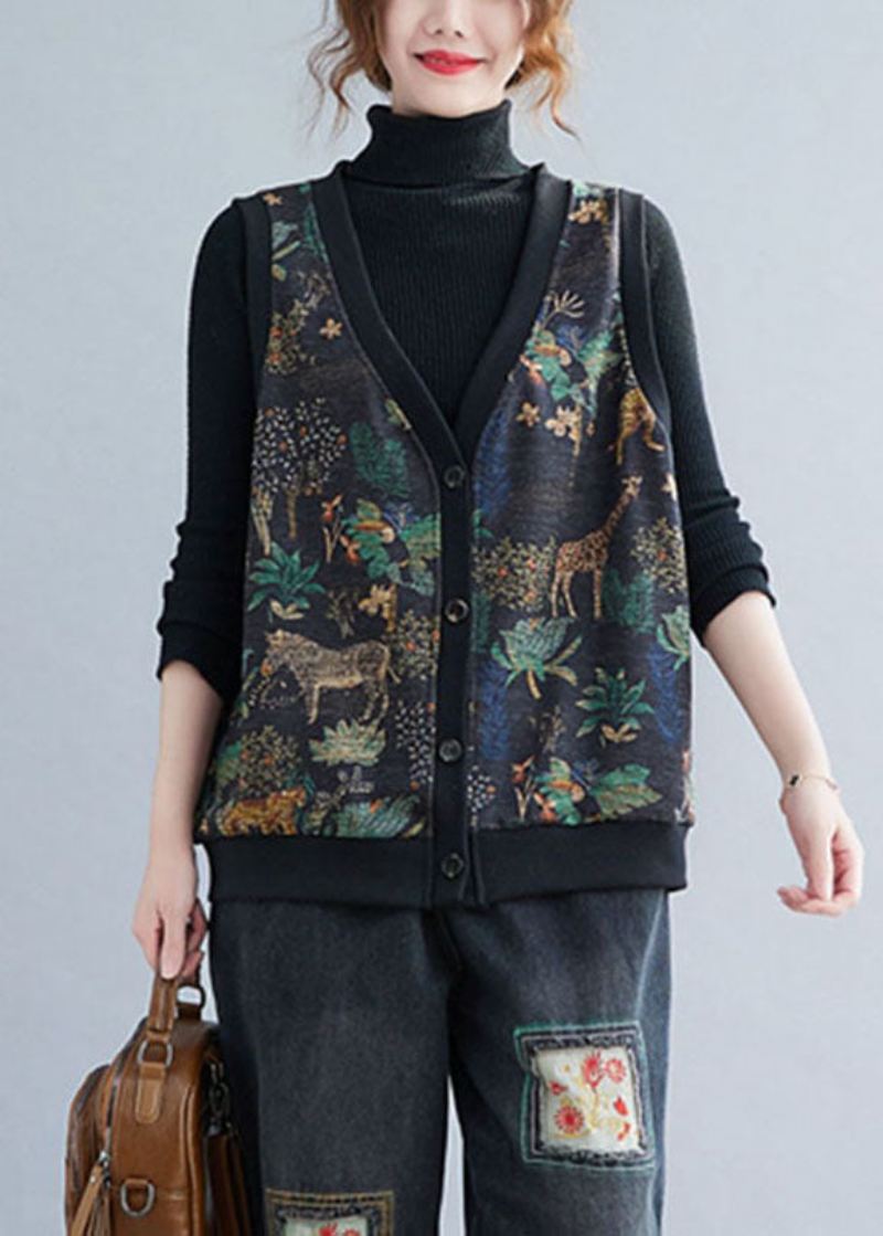 Boho V Neck Print Button Varm Fleece Vest Vinter - Vinterfrakker for kvinner