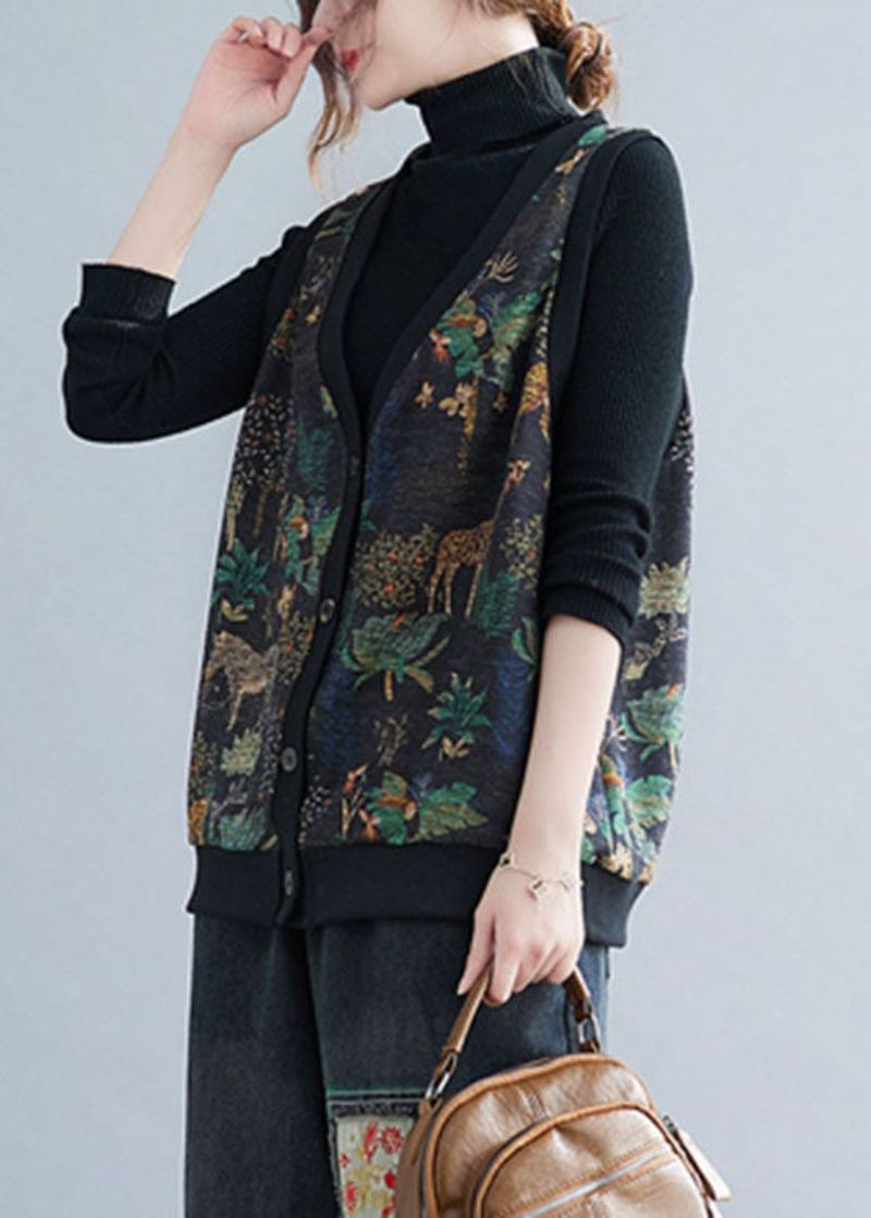 Boho V Neck Print Button Varm Fleece Vest Vinter - Vinterfrakker for kvinner