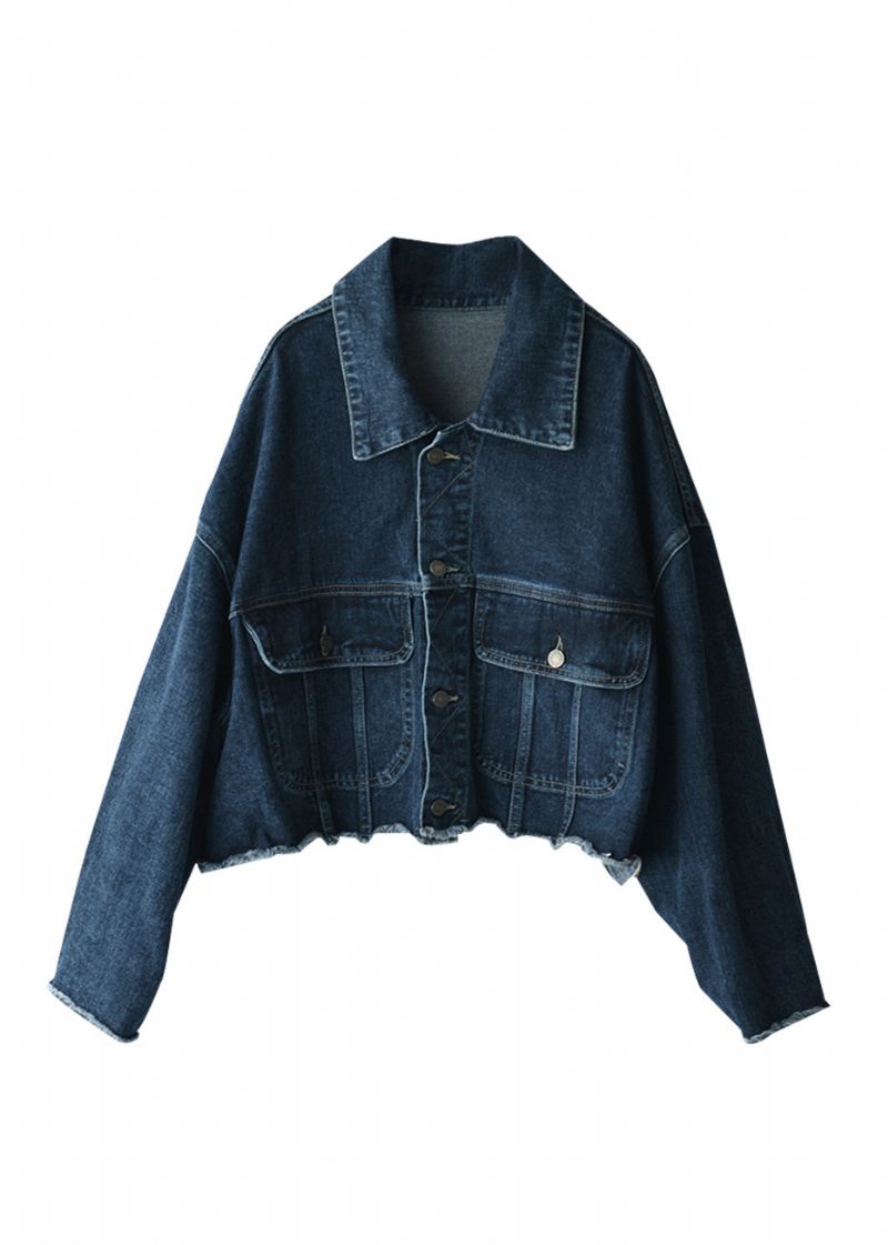 Boutique Blå Peter Pan Krage Button Cotton Denim Coat Alle - Vinterfrakker for kvinner