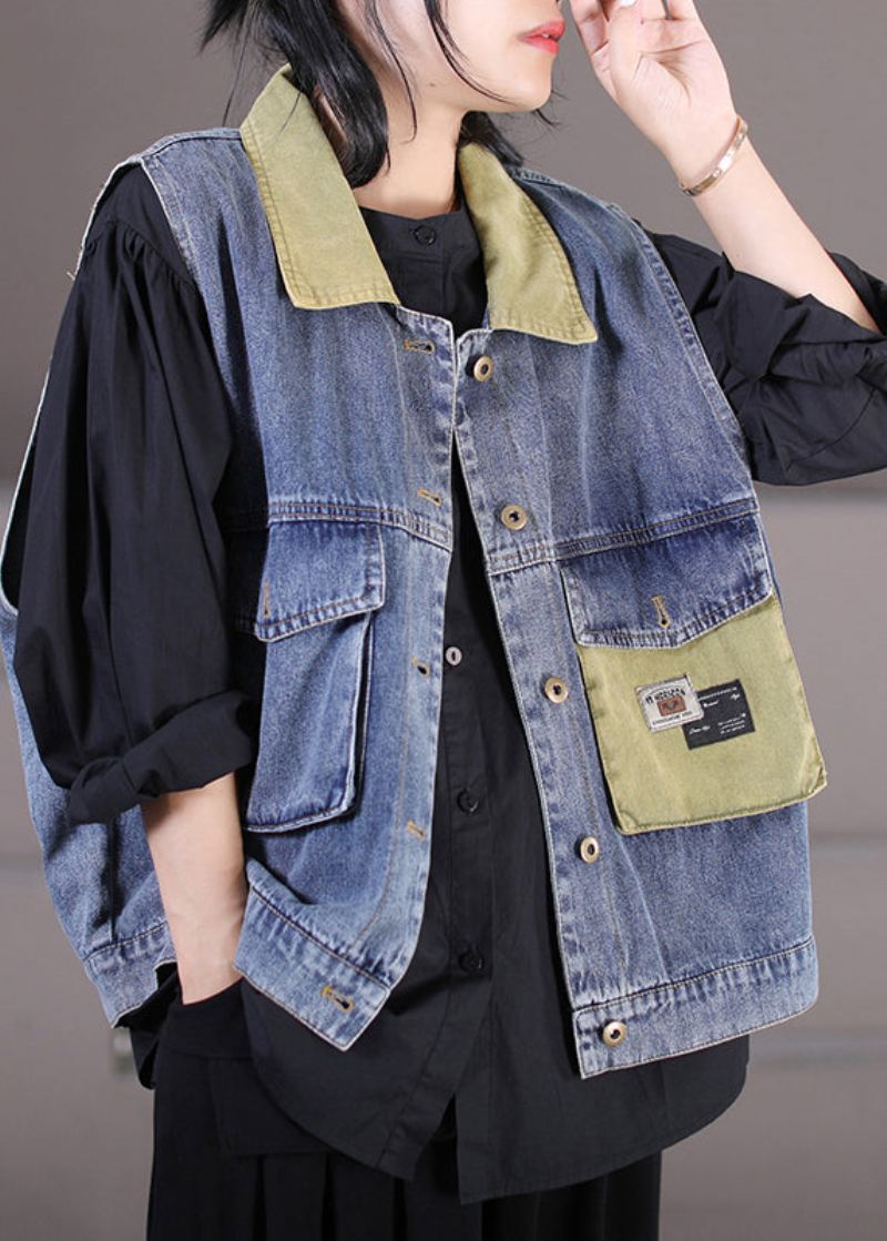 Boutique Blå Peter Pan Krage Patchwork Print Denim Vest