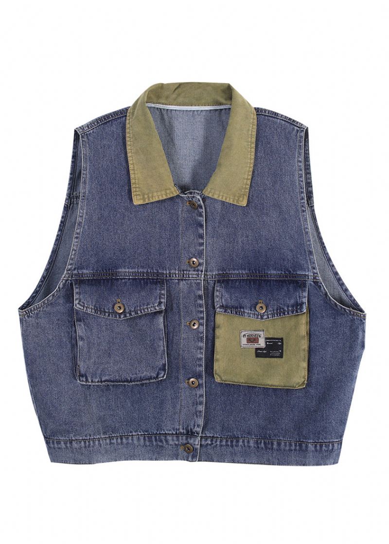 Boutique Blå Peter Pan Krage Patchwork Print Denim Vest - Vinterfrakker for kvinner