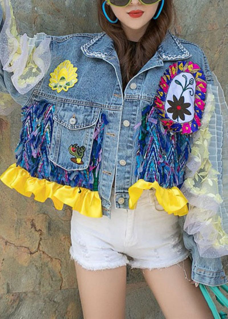 Boutique Blå Volanglommer Blomsterdekorert Patchwork Denim Kort Coat Spring