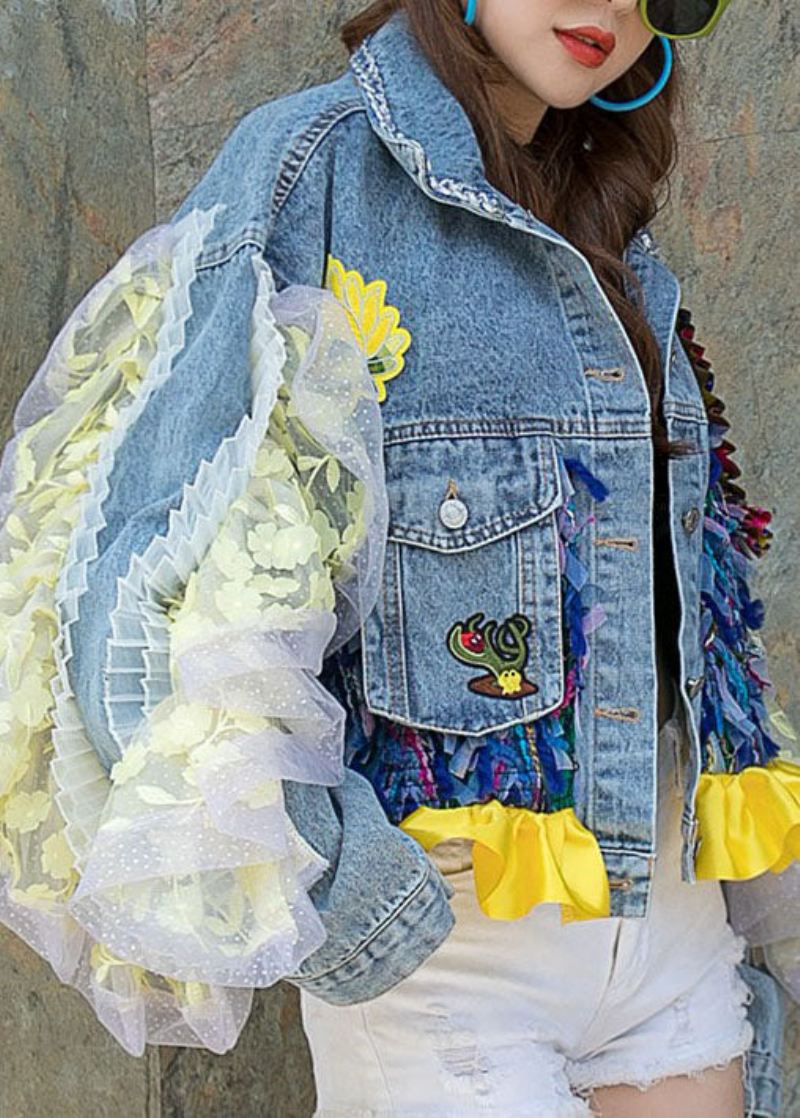 Boutique Blå Volanglommer Blomsterdekorert Patchwork Denim Kort Coat Spring - Vinterfrakker for kvinner