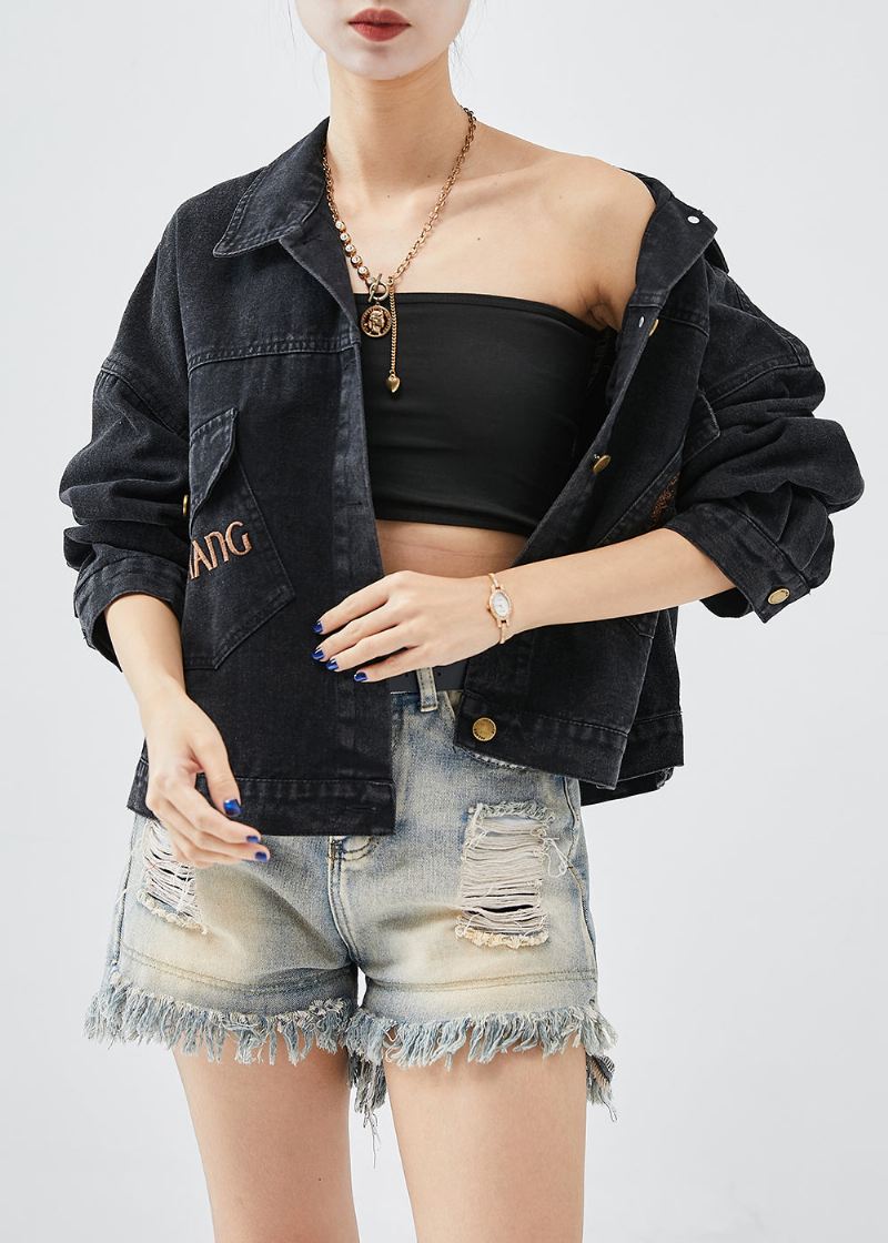 Boutique Black Brodered Letter Butterfly Denim Jacket Fall