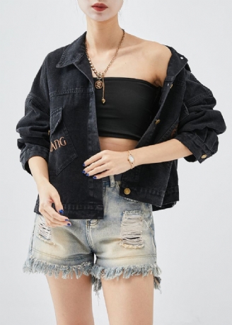 Boutique Black Brodered Letter Butterfly Denim Jacket Fall