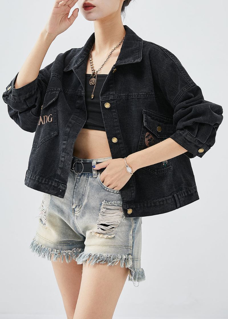 Boutique Black Brodered Letter Butterfly Denim Jacket Fall - Vinterfrakker for kvinner