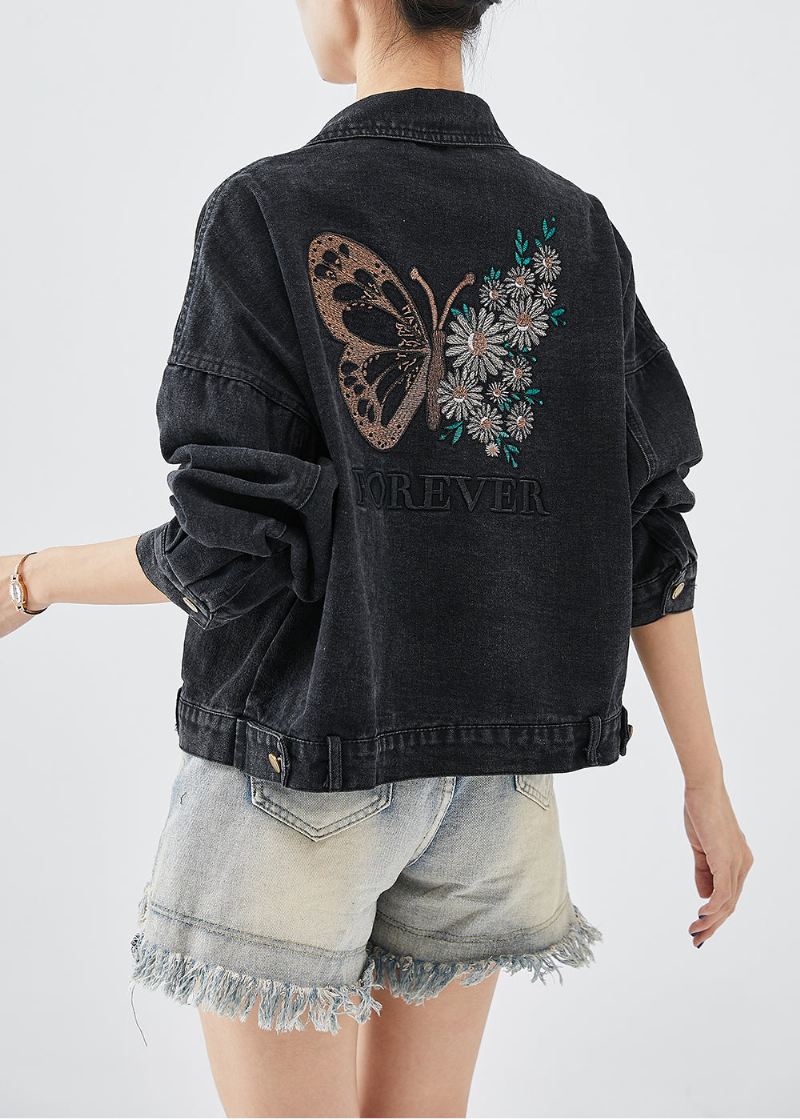 Boutique Black Brodered Letter Butterfly Denim Jacket Fall - Vinterfrakker for kvinner