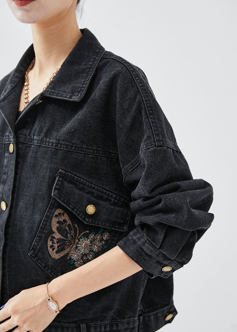 Boutique Black Brodered Letter Butterfly Denim Jacket Fall - Vinterfrakker for kvinner