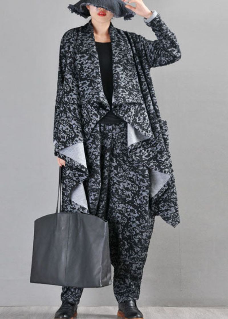 Boutique Black Grey Knit Asymmetrisk Design Print Fall Coat