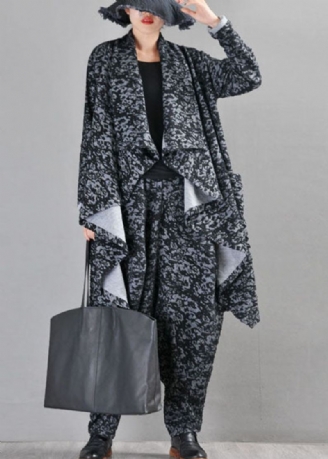 Boutique Black Grey Knit Asymmetrisk Design Print Fall Coat