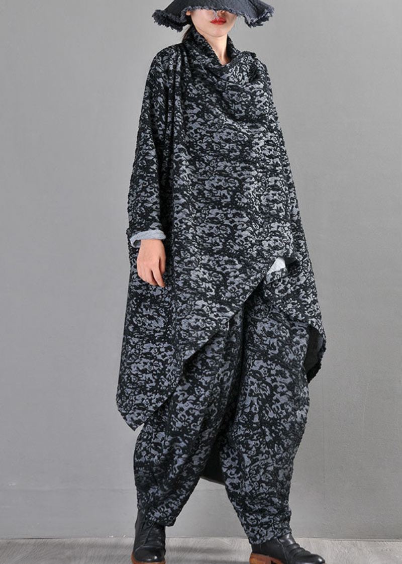 Boutique Black Grey Knit Asymmetrisk Design Print Fall Coat - Svart Rød