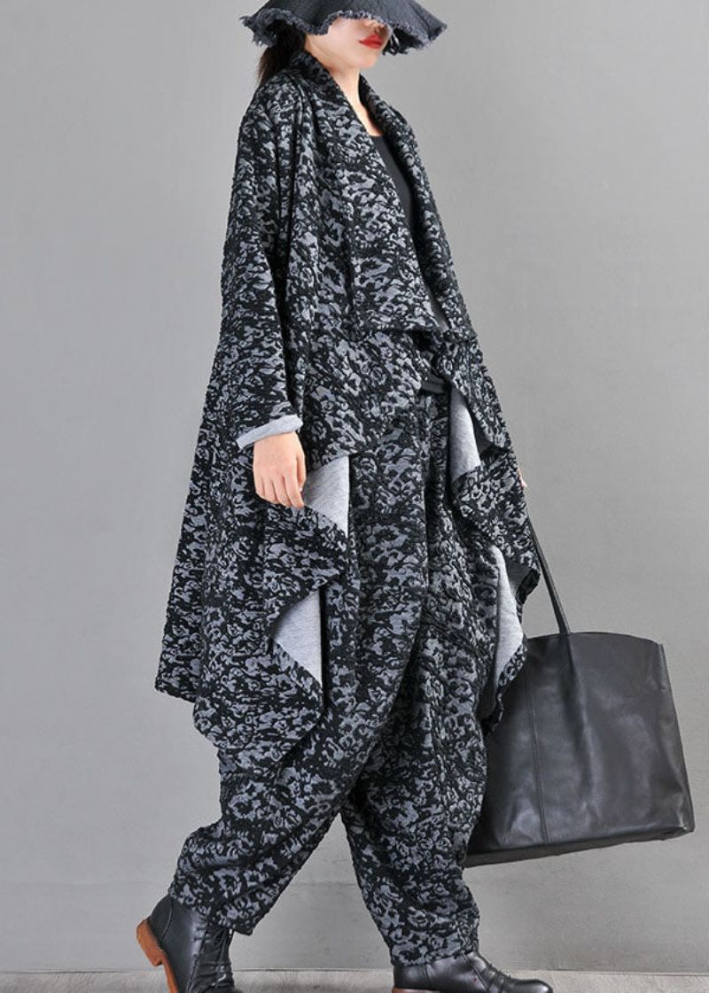 Boutique Black Grey Knit Asymmetrisk Design Print Fall Coat - Svart Rød