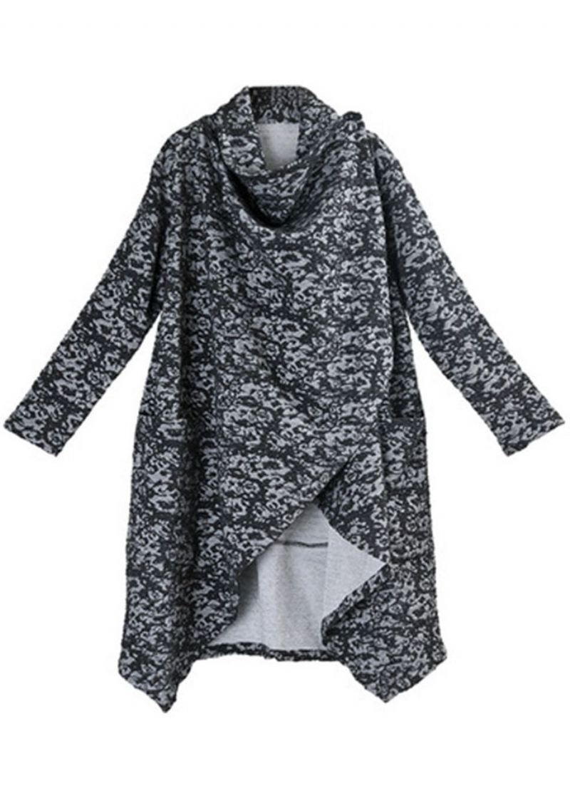 Boutique Black Grey Knit Asymmetrisk Design Print Fall Coat - Svart Rød