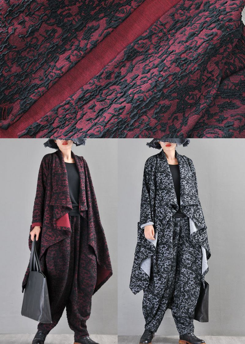 Boutique Black Grey Knit Asymmetrisk Design Print Fall Coat - Svart Rød