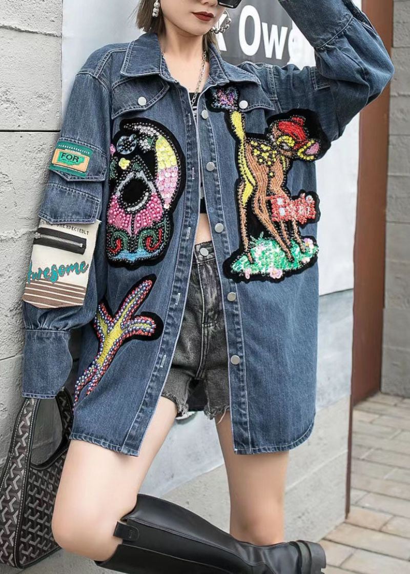 Boutique Blue Brodered Zircon Nail Bead Patchwork Denim Coat Spring