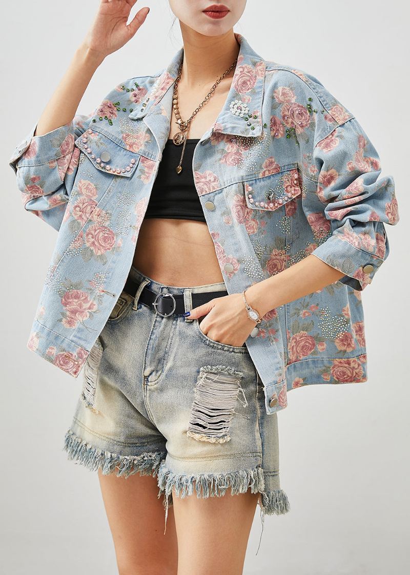 Boutique Blue Nail Bead Rose Print Denim Coats Høst