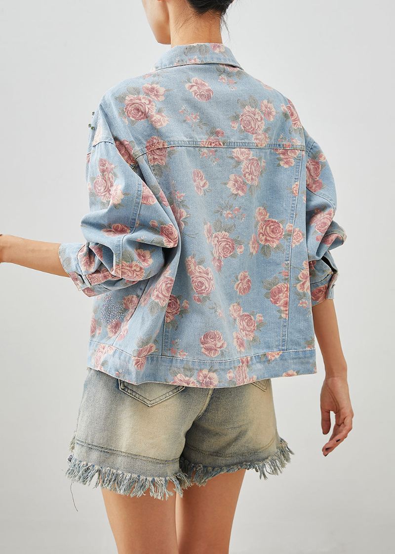 Boutique Blue Nail Bead Rose Print Denim Coats Høst - Vinterfrakker for kvinner