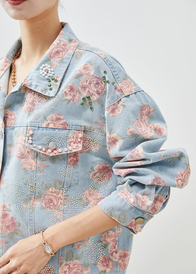 Boutique Blue Nail Bead Rose Print Denim Coats Høst - Vinterfrakker for kvinner