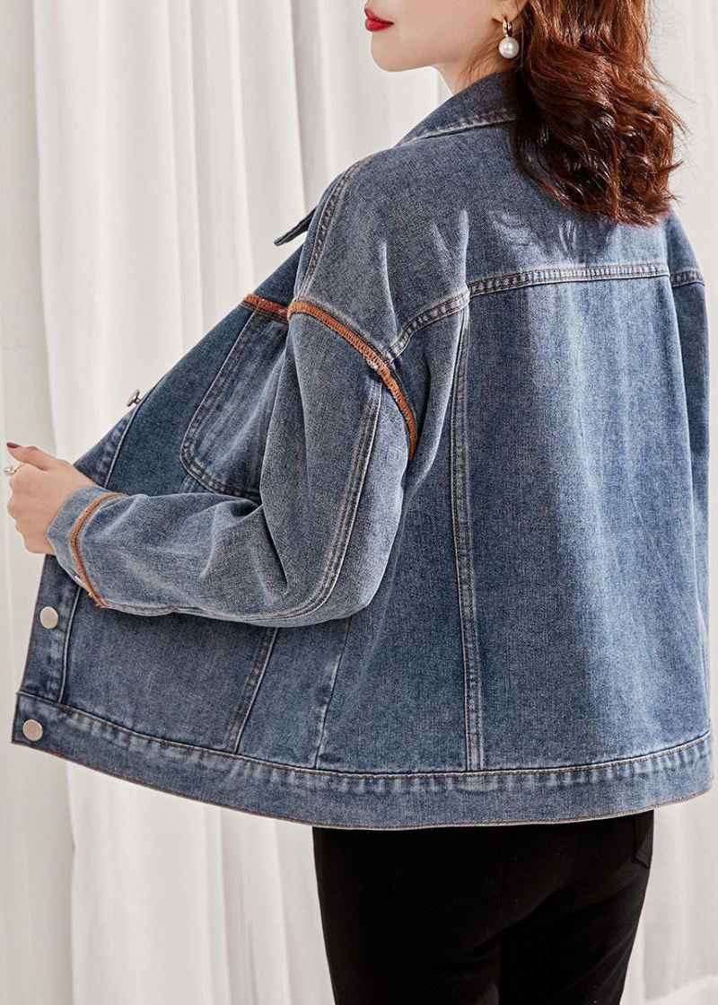 Boutique Denim Blå Peter Pan Krage Patchwork Lommer Bomullsjakke Spring - Vinterfrakker for kvinner