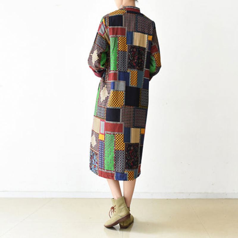 Boutique Flerfarge Patchwork Kåpe Pluss Størrelse O Hals Cardigans Flaggermusermer Lange Jakker - Vinterfrakker for kvinner