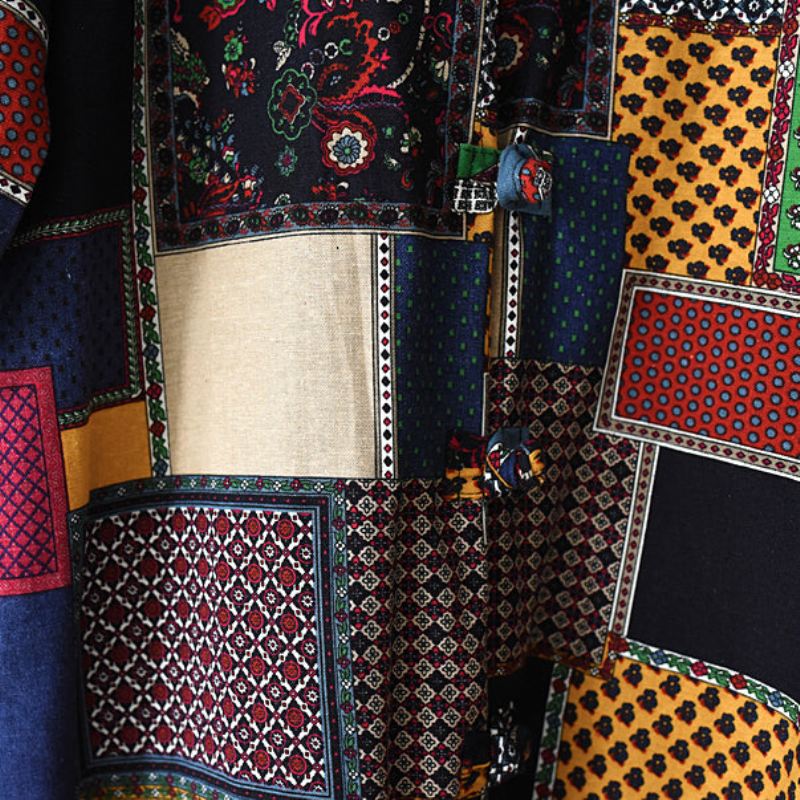 Boutique Flerfarge Patchwork Kåpe Pluss Størrelse O Hals Cardigans Flaggermusermer Lange Jakker - Vinterfrakker for kvinner