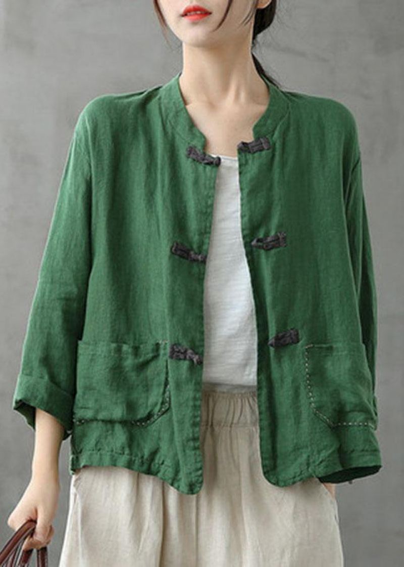 Boutique Green Stand Collar Brodert Patchwork Lin Coat