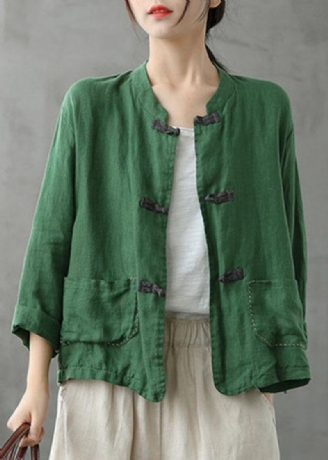 Boutique Green Stand Collar Brodert Patchwork Lin Coat