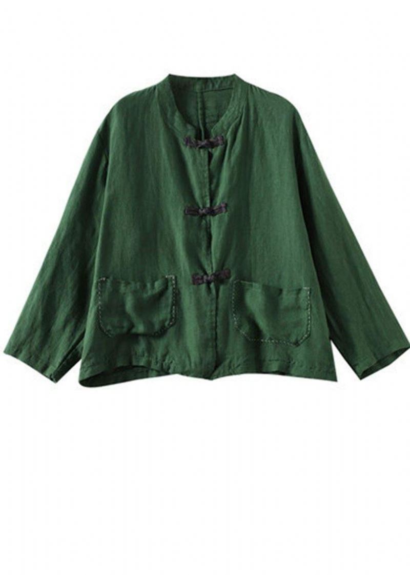 Boutique Green Stand Collar Brodert Patchwork Lin Coat - Grønn