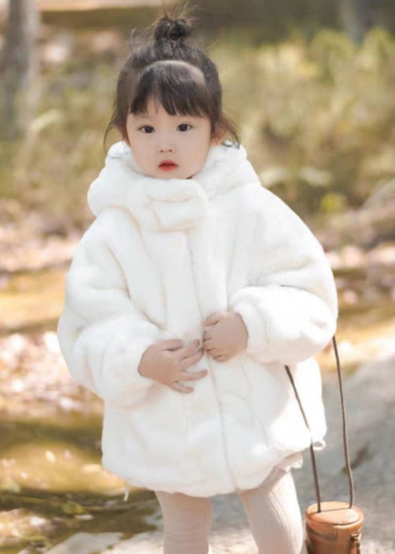 Boutique Hvite Hettelommer Fluffy Girls Coat Langermet - Vinterfrakker for kvinner