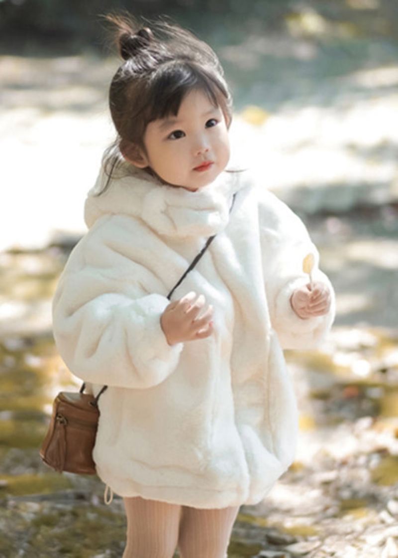 Boutique Hvite Hettelommer Fluffy Girls Coat Langermet - Vinterfrakker for kvinner