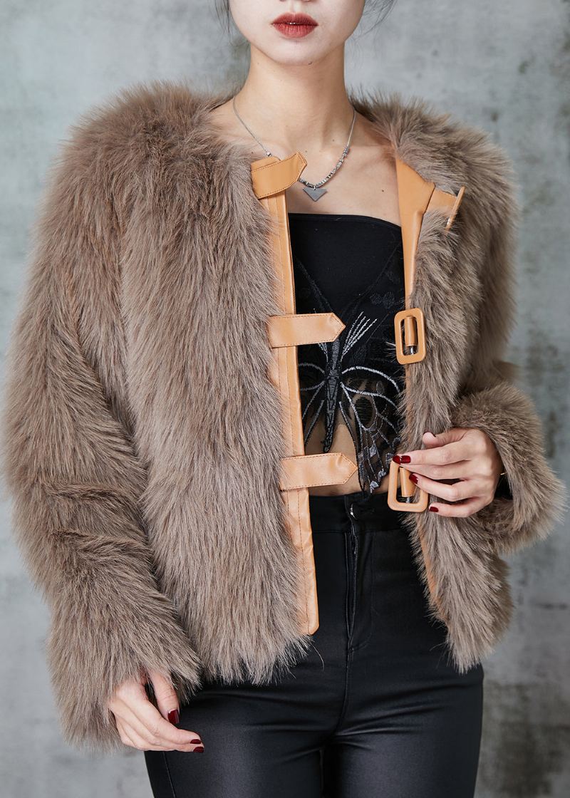 Boutique Khaki Patchwork Faux Fur Jakker Vinter