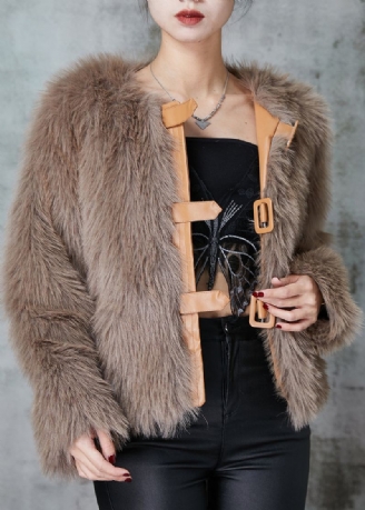 Boutique Khaki Patchwork Faux Fur Jakker Vinter