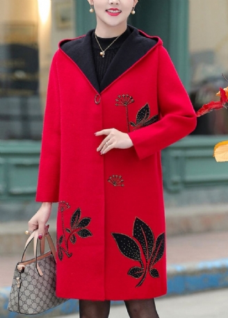 Boutique Red Jacquard Zircon Woolen Hette Trench Spring