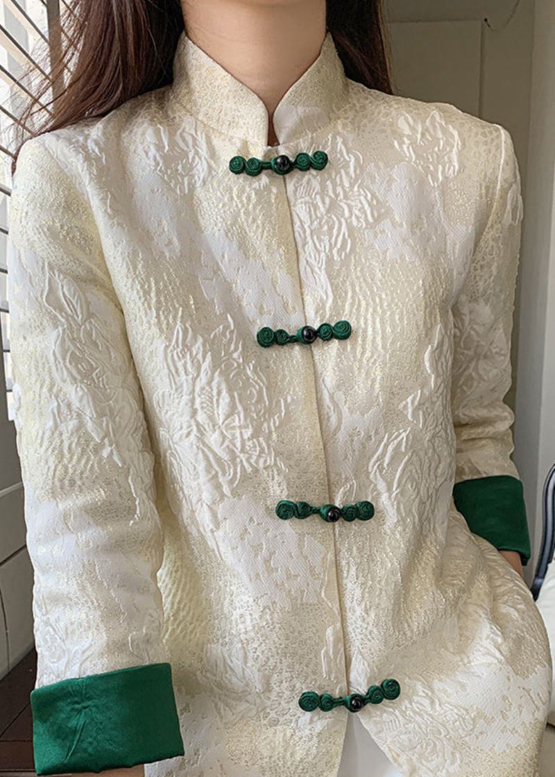 Boutique White Stand Collar Jacquard Silk Coat Langermet - Vinterfrakker for kvinner